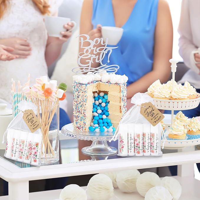 Demissle 50 Pcs Baby Shower Lip Balm Gift Set with 100 Pcs Organza Bags Baby Shower Party Favor for Guest Thank You Tag Rope Baby Shower Party Decoration Gender Reveal Souvenirs(Watercolor Flower)