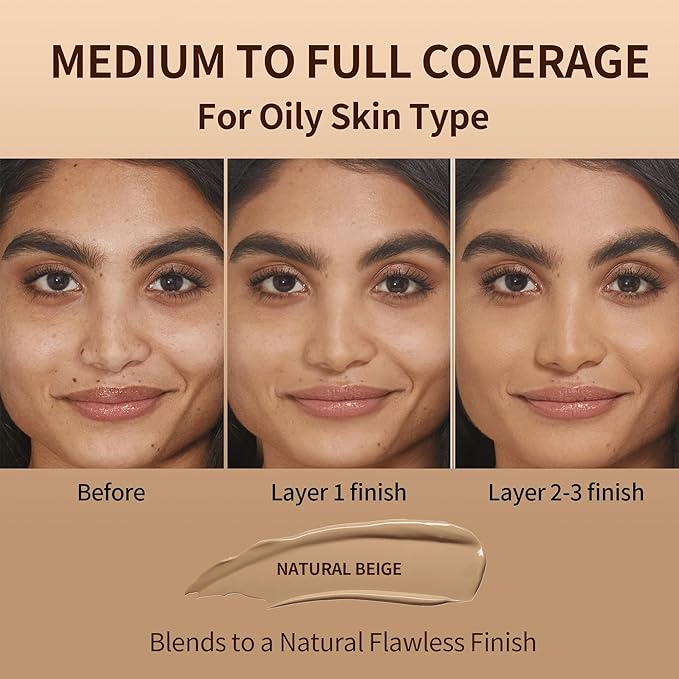 FV Full Coverage Liquid Foundation Makeup, Long Lasting Matte Foundation with Flawless Finish, Concealing & Minimizing Pores, Oil Control Waterproof for Oily Combination Skin, 1 Fl. Oz (Natural Beige)