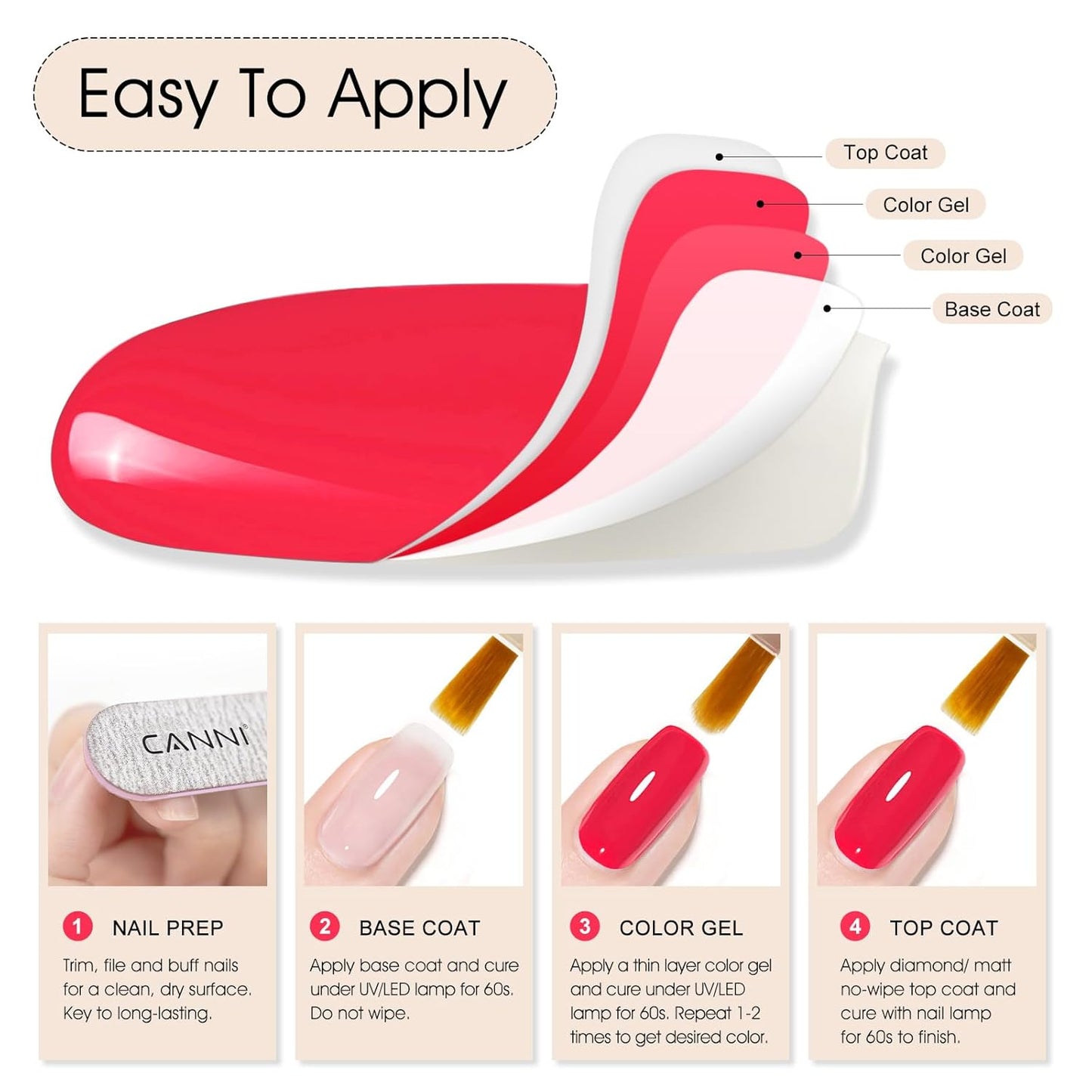 CANNI Pink Gel Polish - Hot Pink Color, 1Pcs U V Gel, Gloss Soak Off For Salon & DIY French Nail Manicure