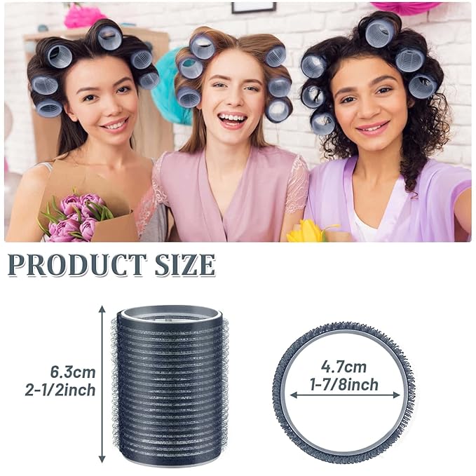 Acejoz Hair Rollers, 12Pcs Large Self Grip Hair Rollers with 12Pcs Stainless Steel Duckbill Clips, for Long Medium Thick Hair Volume (Navy Blue)