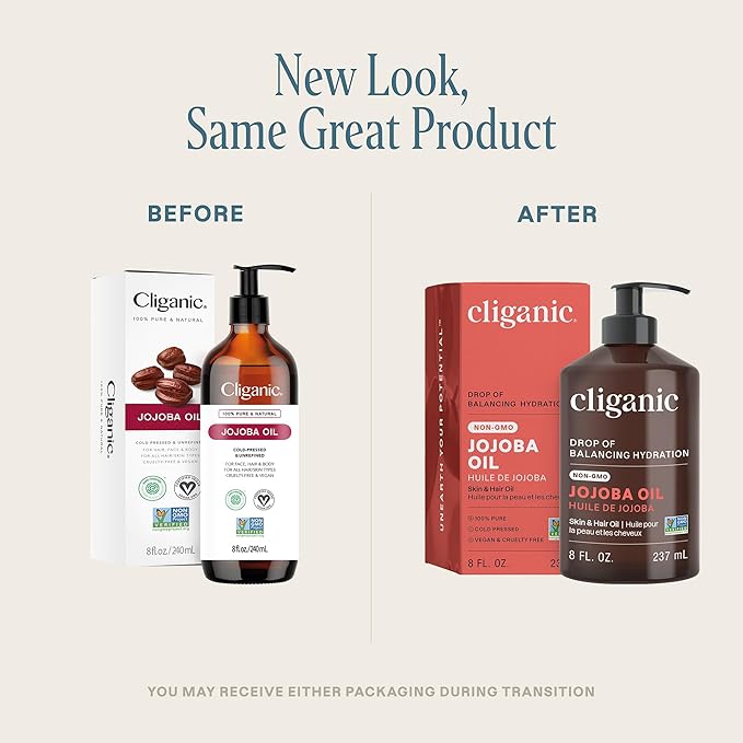 Cliganic Non-GMO Jojoba Oil for Skin, Hair & Face (8oz) | 100% Pure, Natural Cold Pressed Unrefined Hexane Free (Packaging May Vary)