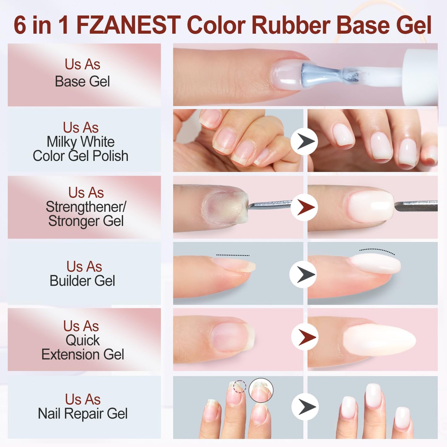 FZANEST Rubber Base Builder Gel for Nails Kit, 6pcs*7.5ml in a Bottle, Nail Strengthener Extension With Jelly Natural Nude Pink Colors, UV Soak Off Polish