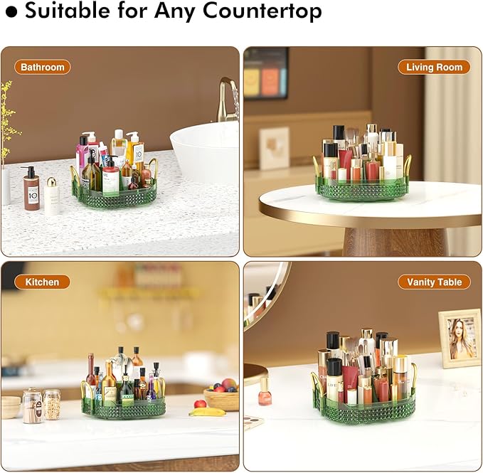 Awenia Rotating Makeup Organizer 360, Stackable Adjustable Large Capacity Cosmetic Storage Unit,Dresser Bathroom Kitchen Countertop Organizer with Metal Handle, Plus Size (Gem Green, 1 Tier)