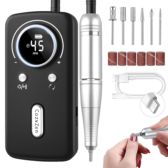 CozyZen Cordless Nail Drill Professional: 45000 RPM Rechargeable Electric Nail File Kit, Portable & Low Noise for Acrylic, Gel Nails, Manicure & Pedicure - Salon & Home Use