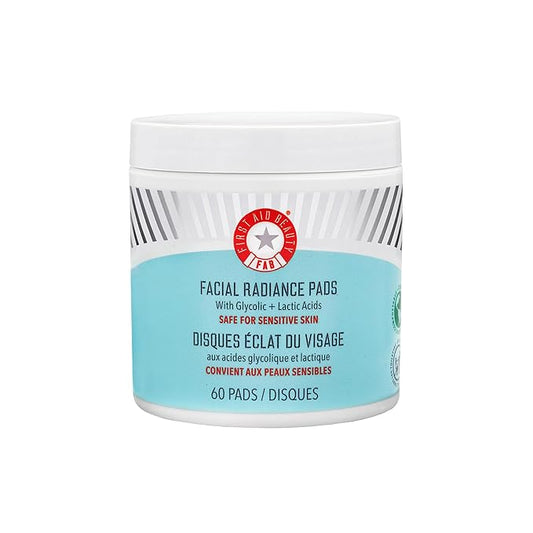 First Aid Beauty - Facial Radiance Pads with Glycolic & Lactic Acids, Daily Exfoliating Pads with AHA that Help Tone & Brighten Skin, One-Step Makeup Prep, Compostable for Daily Use, 60 ct