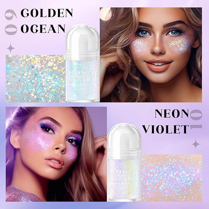 2 Colors Roll-on Body Glitter Gel, Holographic Glitter Gel Under Light for Face Hair, Body Shimmer for Rave Accessories Christmas New Year Halloween Makeup (9+10)