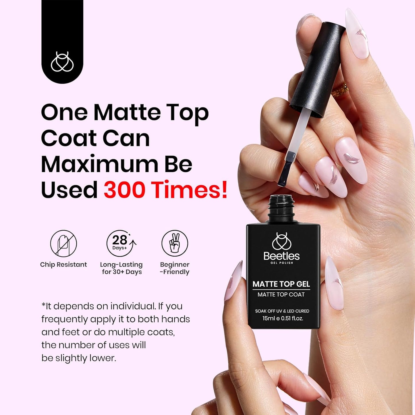 Beetles 15 ml Matte Gel Top Coat, Chrome Proof Matte Top Coat Gel Nail Polish No Wipe Low‑Odor Compatible with UV/LED Lamps Long Lasting 21 Days+ Finish Diy at Home
