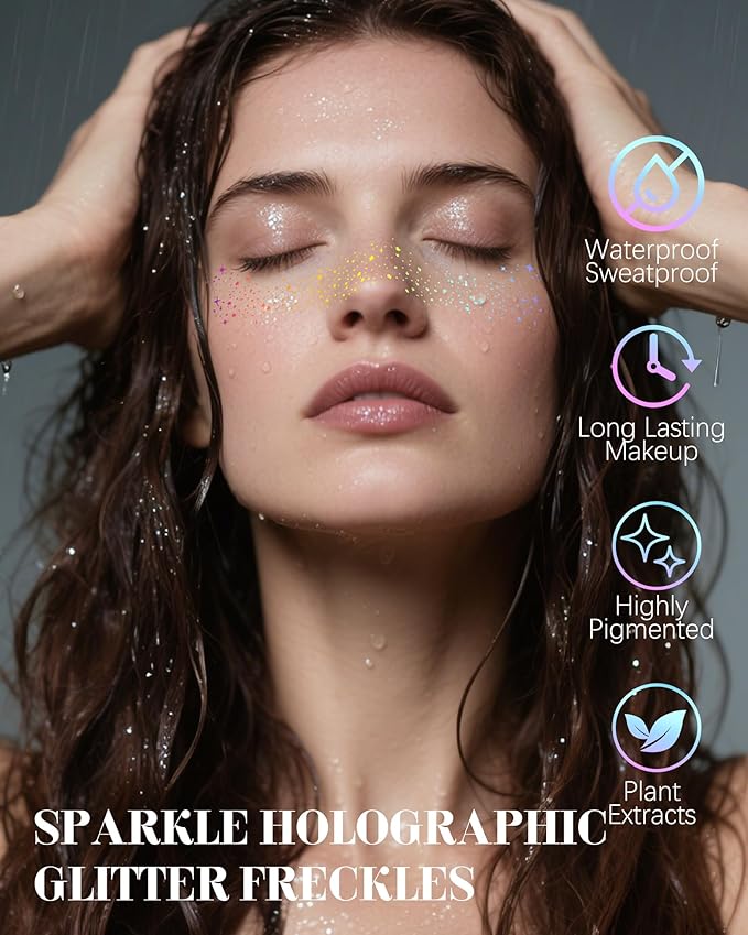 Glitter Freckles, Holographic Multichrome Freckles Temporary Face Tattoos, Body Face Glitter for Women Girls, Country Concerts Singer Festival Rave Accessories (iridescent - 10 pcs)