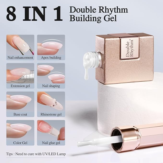 Double Rhythm 0.52 Oz Rubber Gel Polish Nail Strengthener Builder in a Bottle for Thickening Extension Hard Structure Glue (Nude Pink 8 in 1-3)