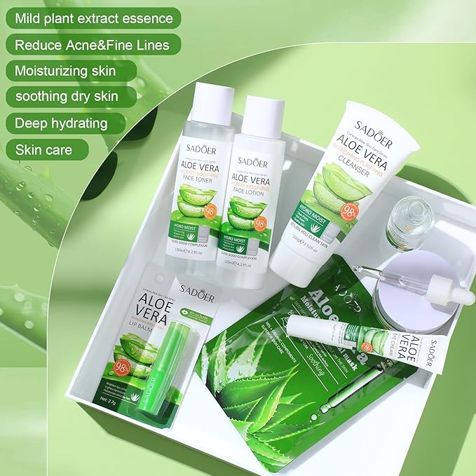 10 Pcs Skin Care Sets Face Care Set for Women Includes 1 Pcs Cleanser, Toner, Lotion, Eye Cream, Serum, Face Cream, Lip Balm and 3 Facial Masks Skincare Gift for Girls (Aloe Vera)