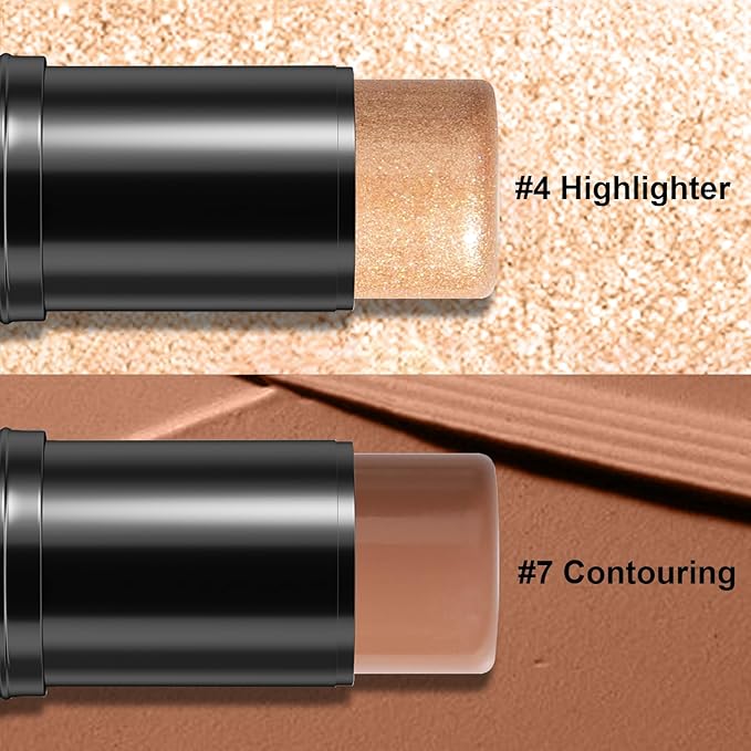 2Pcs Cream Contour Stick Makeup Kit, Cream Highlighter Stick and Bronzer Contour Stick with Longwear Waterproof Formula for Brightening and Trimming the Cheeks, Makeup Brush Include (#04, 07)