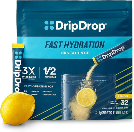 DripDrop Hydration Packets - Lemon - Single Serve Electrolytes Powder Drink Mix - Non-GMO, Gluten Free, Vegan - 32 Sticks