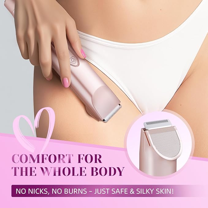 Bikini Trimmer for Women，3 in 1 Electric Razor with Ceramic Blades, IPX7 Waterproof, USB Rechargeable, Painless Hair Removal for Face，Body，Bikini Area, Travel Grooming Kit (Rose Gold)
