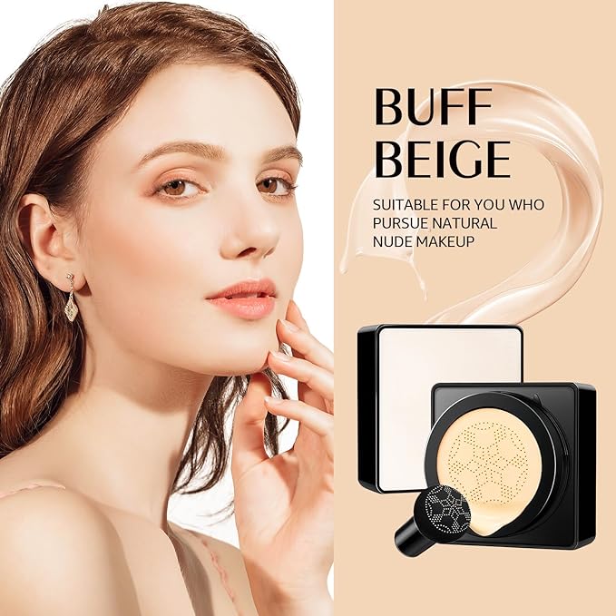 Air Cushion CC Cream Mushroom Head, Soothing Full Coverage Concealer CC Cream with Mushroom Makeup Sponge for Flawless Face Makeup (Buff Beige)