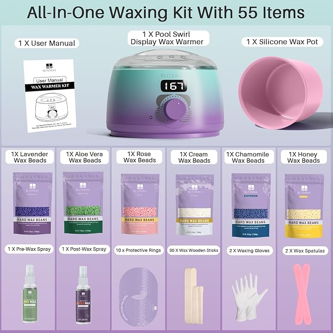 BLITZWAX Brazilian and Bikini Waxing Kit for Women, Hard Wax Warmer for Face, Legs, and Body, At Home Hair Removal Kit, Beginner Friendly, Quick Heating, 32pcs Wax Spatulas