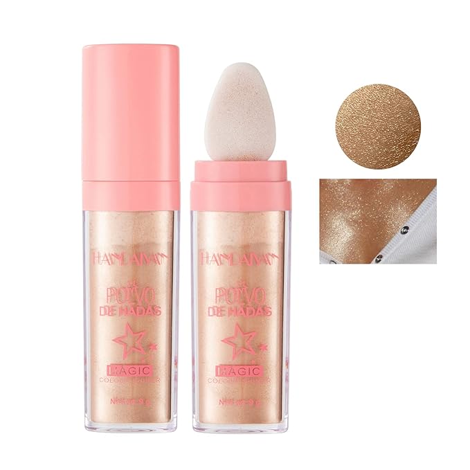 AKARY Shimmer Highlighter Powder, Fairy Polvo De Hadas Highlighter Powder & Blush Stick, Instant Glow Luminizer Duo, Glitter Body Face Hair High Gloss Stick, Sparkle Smudge-Proof Highlighter Stick Party Makeup (#03 Golden Brown)