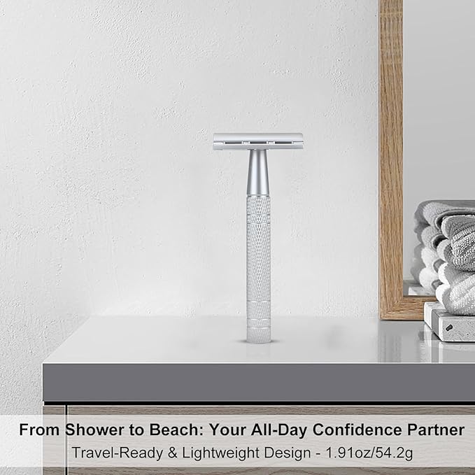Double Edge Safety Razor with Stand, Single Blade Razors for Men and Women, Reusable Metal De Razor, Men's Safety Shaving Razors with 10 Double Edge Blades, Smooth and Close Shave, Matte Silver