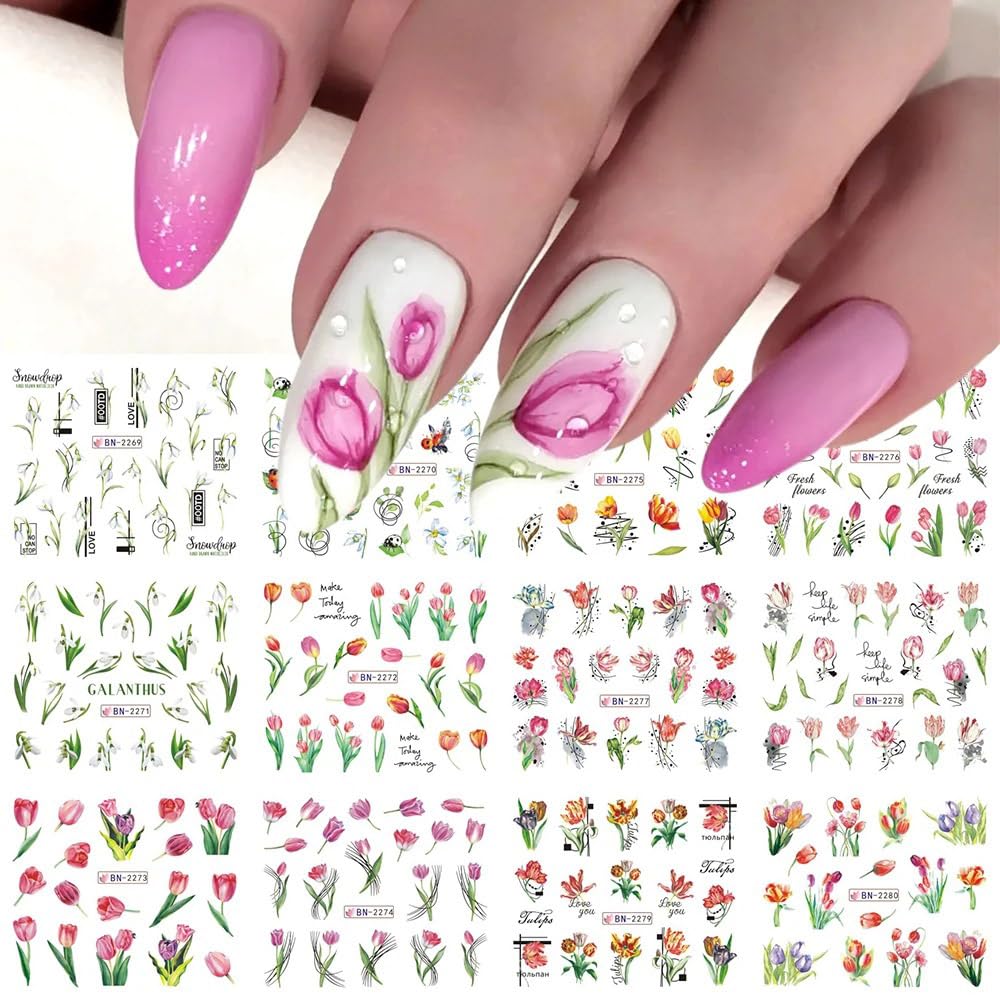 Flowers Nail Art Stickers Decals Tulip Floral Leaf Watercolor Nail Art Decals Transfer Foils for Nails Supply Butterfly Flowers Designs Nail Tattoo Sliders for Women DIY Manicure Nail Decoration 12PCS