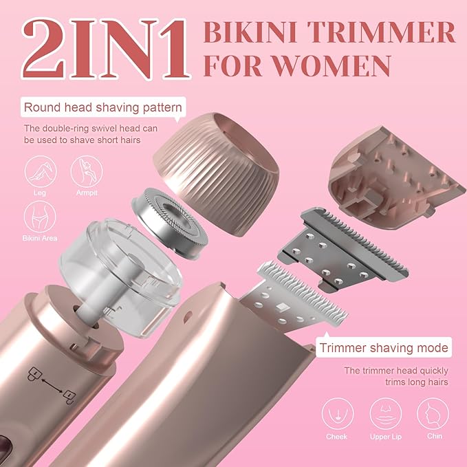 Bikini Trimmer for Women - 2025 New 2-in-1 Dual-Head Electric Shaver，Rechargeable Professional Painless Electric Razors, IPX7 Waterproof Body Hair Trimmer & Facial Hair Remover for Wet & Dry