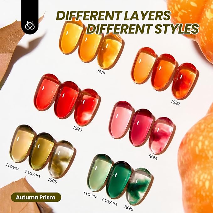 Beetles Jelly Gel Nail Polish Set - 6 Colors Yellow Orange Burgundy Red Purple Green Fall Gel Polish Kit Sheer Translucent Effect Soak off UV Nail Art Autumn Prism Series Manicure Gift for Women