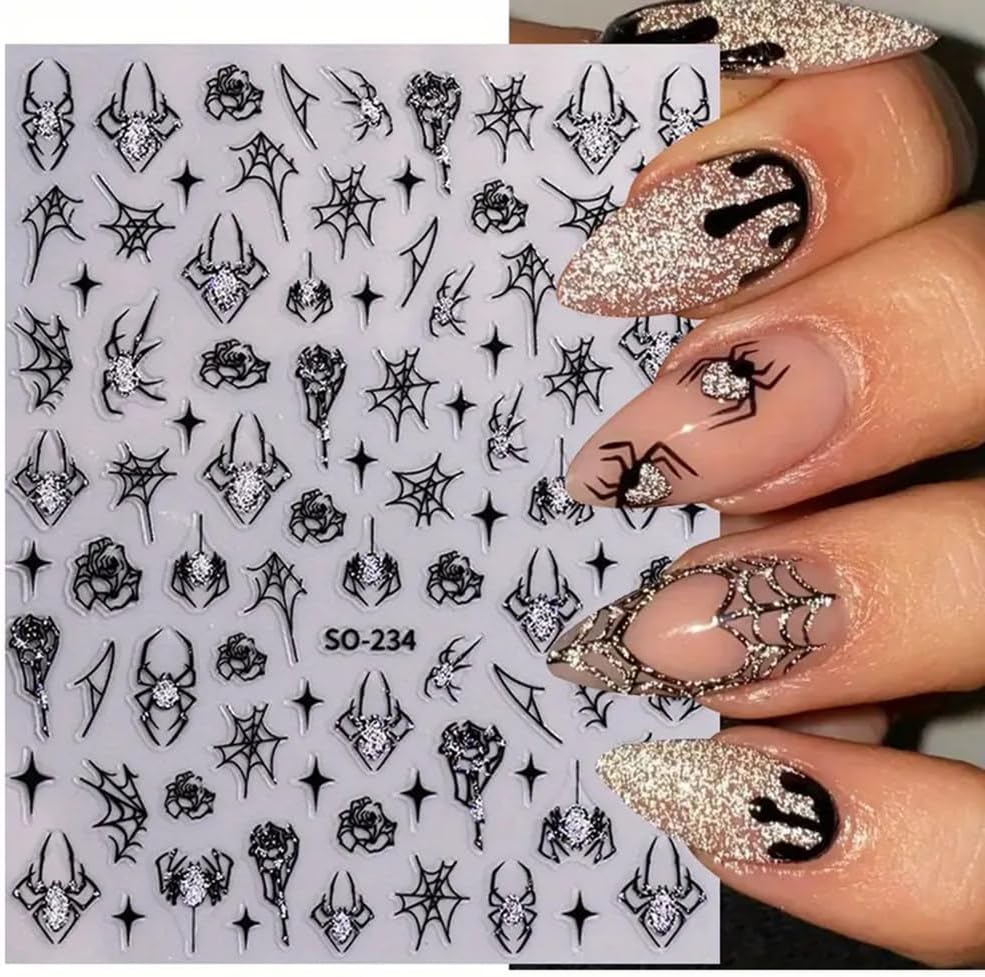 6Sheets Halloween Nail Art Stickers Decals, 3D Spider Nail Sticker Halloween Nail Decoration Self-Adhesive Black Red Silver Glitter Star Spider Web for Nails Stickers DIY Manicure Art Decoration