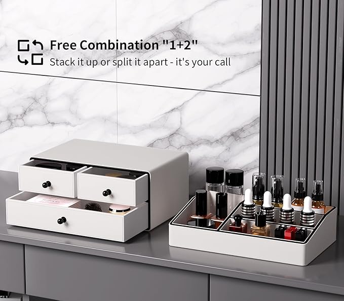 GORESE Leather Makeup Organizer with Drawers for Vanity, Stackable Skincare Holder Dresser Organizer Countertop, Make Up Storage Organizers Counter Cosmetic Display Case Gifts for Women(Cream White)