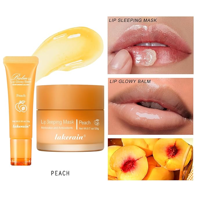 2Pcs Lip Glowy Balm and Lip Sleeping Mask Set, with 4 Flavor Options - Reduce Lip Lines, Enhance Lip Color, Hydrate & Plump Dry Chapped Lips Care (Peach)