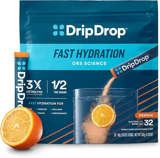 DripDrop Hydration Packets - Orange - Single Serve Electrolytes Powder Drink Mix - Non-GMO, Gluten Free, Vegan - 32 Sticks