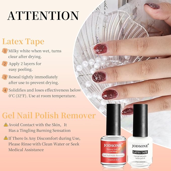 JODSONE Gel Nail Polish Remover Kit - Set with 15ml Gel Nail Polish Remover, Cuticle Oil and Latex Tape, and Complete Remover Manicure Tool Set, No Soaking