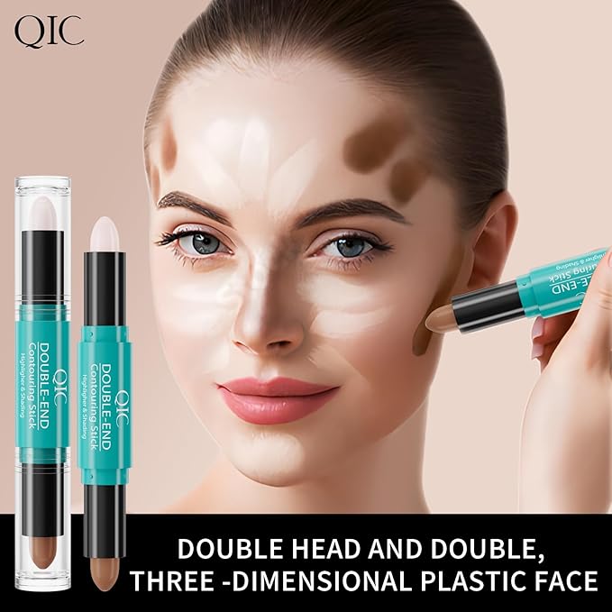 2-in-1 Contour & Highlighter Stick - Dual-Ended, Waterproof, Long-Lasting, for All Skin Tones (02# Lotus root Pink + Coffee)