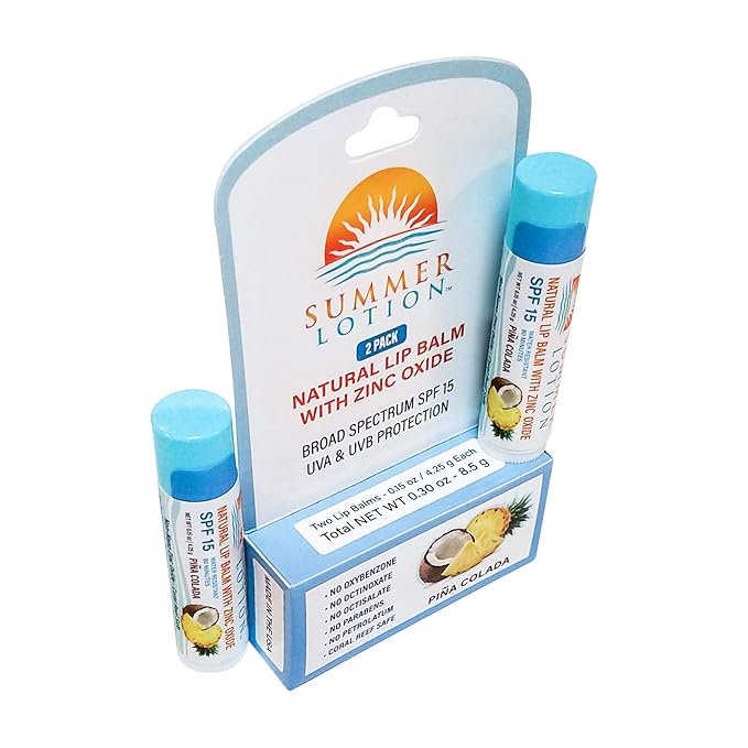 Natural Lip Balm with Zinc Oxide Sunblock by Summer Lotion, SPF 15 Lip Sunscreen 2-Pack, Water Resistant Chapstick, SPF Lip Protection for Everyone, (Pina Colada)
