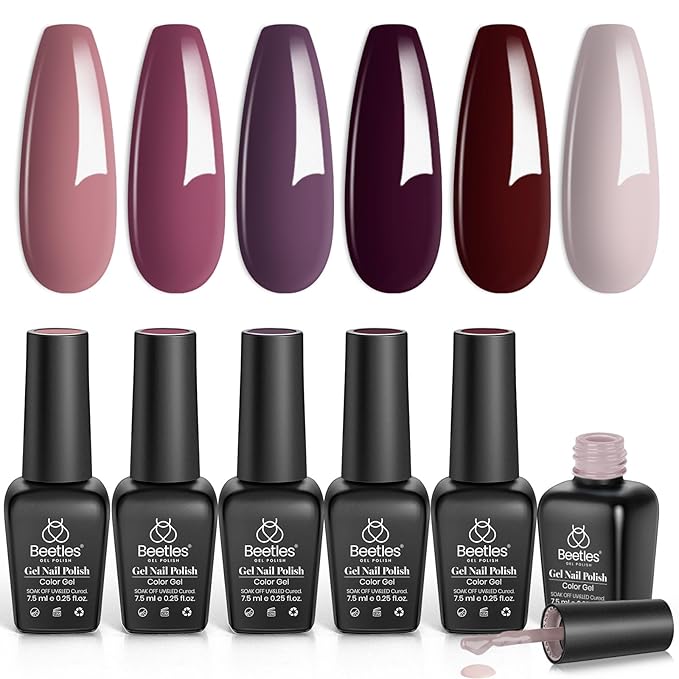 Beetles Purple Gel Nail Polish Set, Fall Burgundy Red Dark Purple Rose Petals Color Soak Off UV Light Cure Gel Polish Nail Art Design Gifts for Women