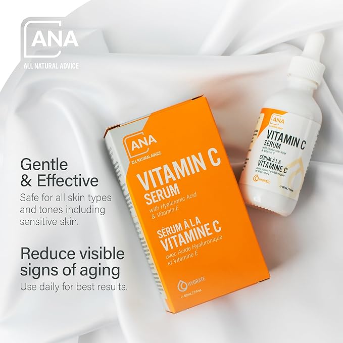 All Natural Advice Vitamin C Serum 60mL | 20% Vitamin C Face Serum Solution with Organic Botanicals, Hyaluronic Acid & Vitamin E | UV-Shielding Glass Bottle, Spray & Dropper | Canadian Skin Care