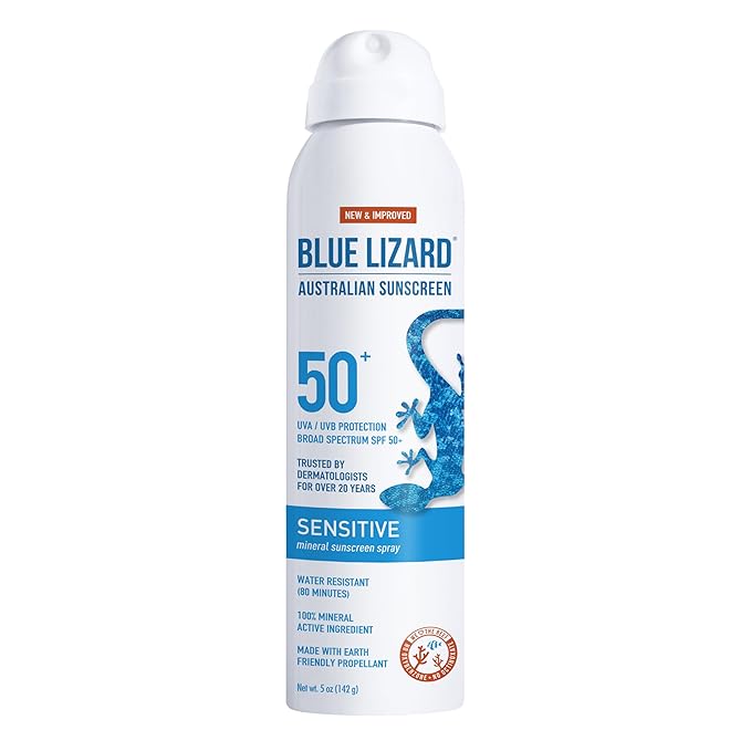 Blue Lizard Sensitive Mineral Sunscreen Spray SPF 50+, Dermatologist-Recommended Brand, Broad-Spectrum UVA/UVB Protection, Water-Resistant, Zinc Oxide Formula, 5 fl oz (Pack of 2)
