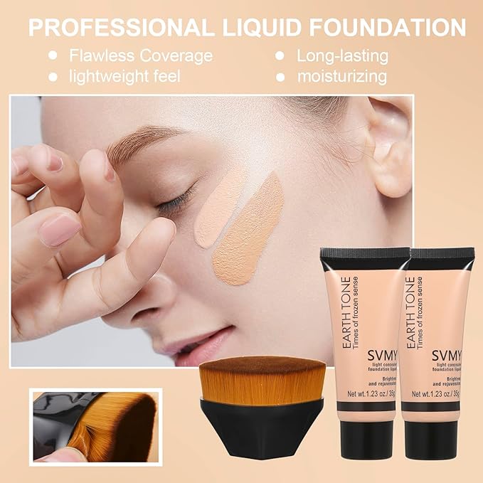 Foundation Liquid Full Coverage Matte Oil Control Concealer with Face Primer & Makeup Brush & Makeup Sponges
