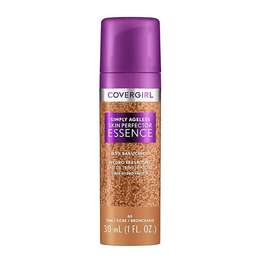Covergirl Simply Ageless Skin Perfector Essence Foundation, 60 Tan, Tinted Skin Perfector, Skincare Makeup Hybrid, Sheer Tint, Radiant Finish, Skin-Like Finish, Vegan Formula, 1.0oz