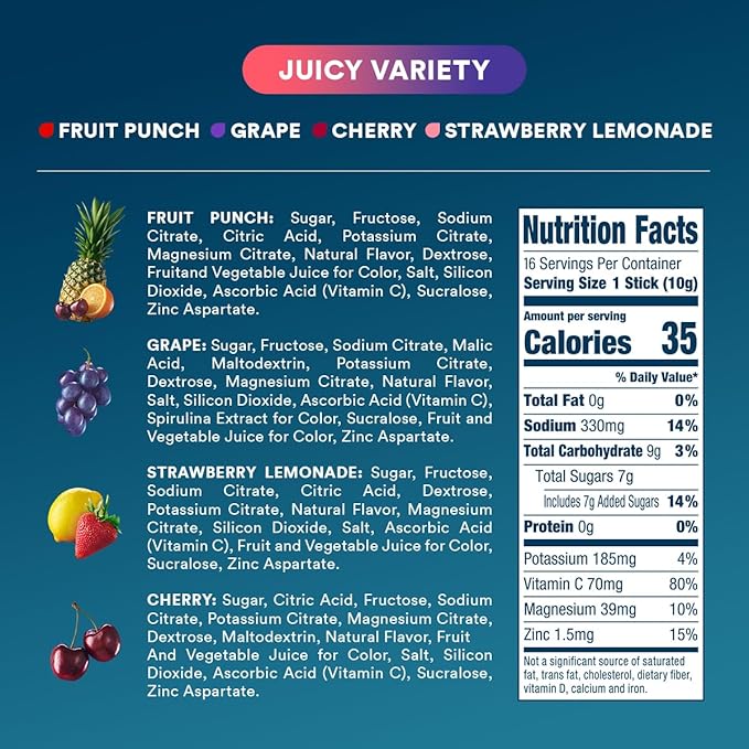 DripDrop Hydration Packets - Juicy Variety Pack - Single Serve Electrolytes Powder Drink Mix - Grape, Fruit Punch, Strawberry Lemonade, Cherry - Non-GMO, Gluten Free, Vegan - 16 Sticks