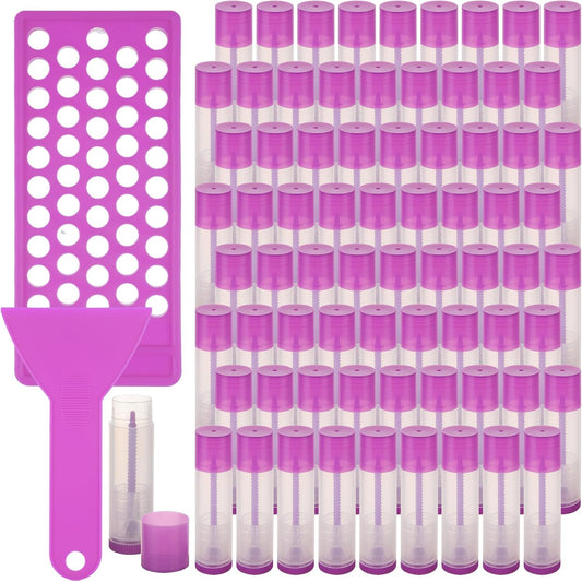 200Pack Plastic Lip Balm Tubes 5ml/5g Purple Lip Balm Containers, Chapstick Tubes Empty with Filling Tray and Spatula, Rotating Type Refill Lip with Cap for DIY Make Up Lip Balm