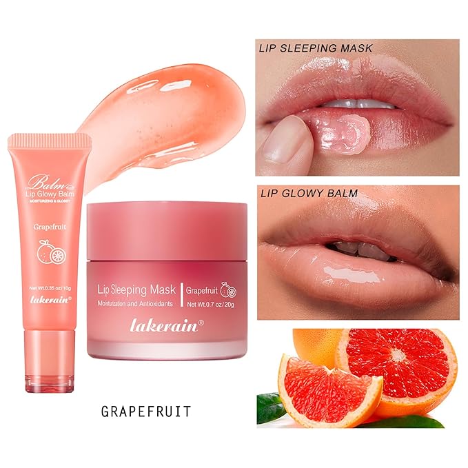 2Pcs Lip Glowy Balm and Lip Sleeping Mask Set, with 4 Flavor Options - Reduce Lip Lines, Enhance Lip Color, Hydrate & Plump Dry Chapped Lips Care (Grapefruit)