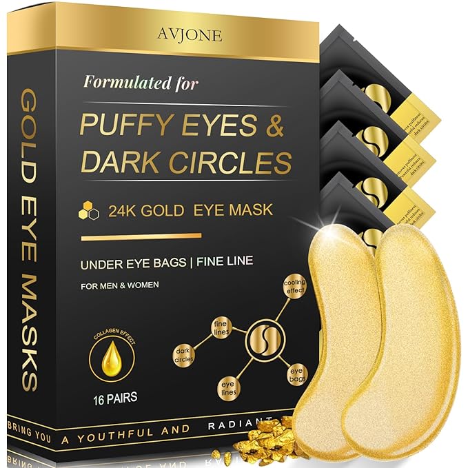 AVJONE 24K Gold Eye Mask - Puffy Eyes and Dark Circles Treatments – Relieve Pressure and Reduce Wrinkles, Revitalize and Refresh Your Skin -16 Pairs