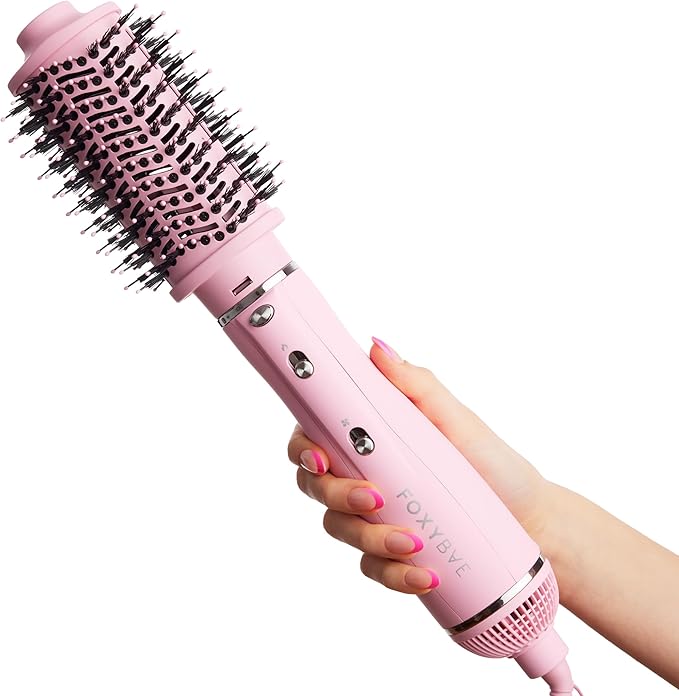 FoxyBae 3-in-1 Ceramic Interchangeable Hair Tools - Blowout Dryer - 3 Detachable Heads - 2.4" Blowout Brush, 1.5" Hot Round Brush & Drying Cylinder Hair Dryer Brush & Hair Styling Set [Party Pink]