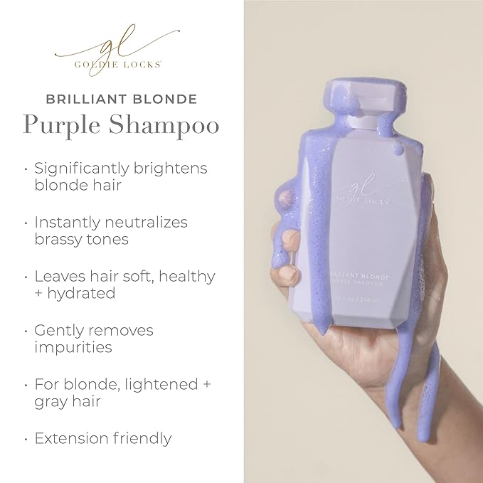 Goldie Locks Brilliant Blonde Purple Shampoo for Blonde, Lightened, Grey Hair, Extensions, Significantly Brightens, Tones, Eliminates Brass, Sulfate-Free, Nourishing, Moisturizing Leave-In, 33.8 Fl Oz