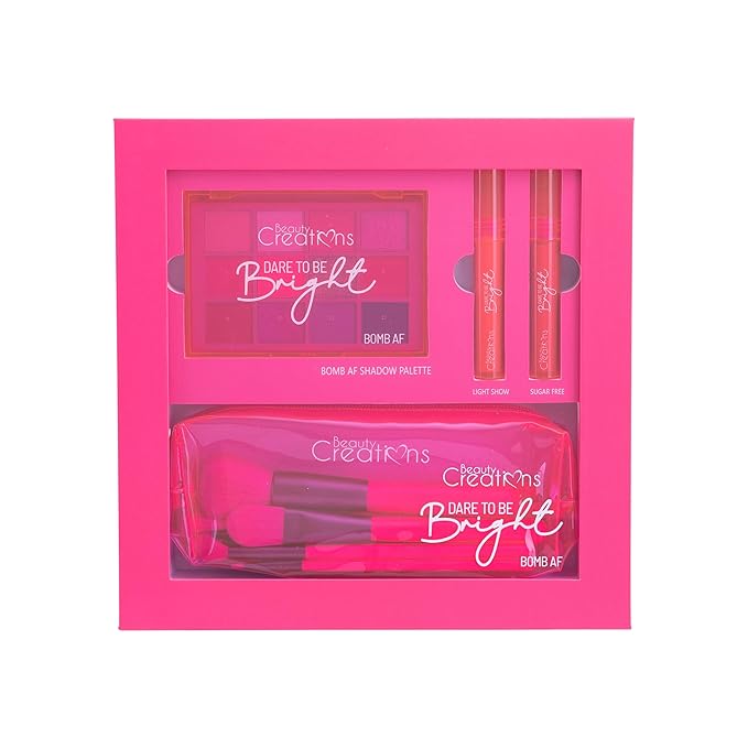 Beauty Bundle Beauty Creations Dare To Be Brights Collection Bomb AF 12 color eyeshadow palette, Lip Set & 15pc Brush Set and Pouch Enclosed in Hot Pink Box