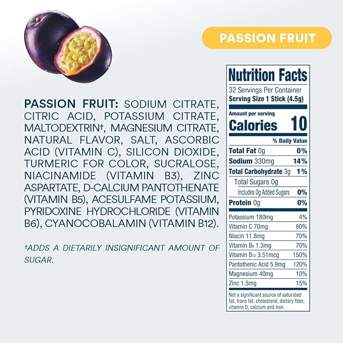 DripDrop Sugar Free Hydration Packets - Zero Passion Fruit - Single Serve Electrolytes Powder Drink Mix - Non-GMO, Gluten Free, Vegan - 32 Sticks