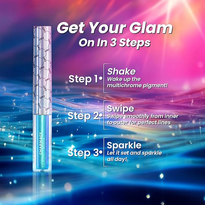 CHARMACY Chameleon Liquid Glitter Eyeliner - Highly Pigmented, Metallic MultiColor Shifting, Waterproof, Ultra-Fine Tip, Longwearing, Smudge-proof (#302)