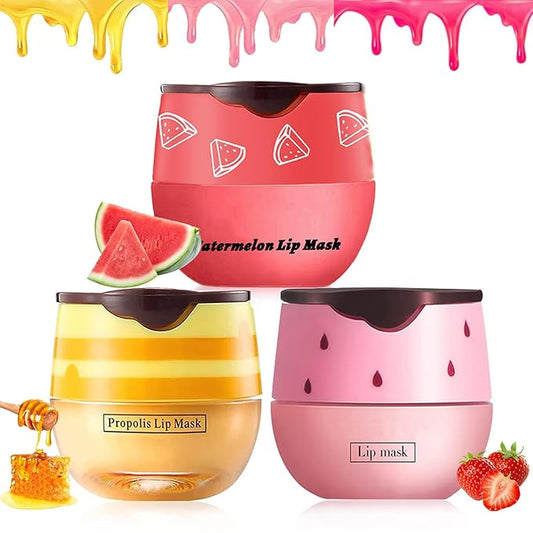 3PCS Bee Lip Balm Honey Pot,Honey Strawberry Watermelon Lip Mask Overnight Moisturizing Lip Balm,Hydrating Prevention Dry & Cracked Nourishing Sleeping Lip Mask (Honey+Strawberry+Watermelon)