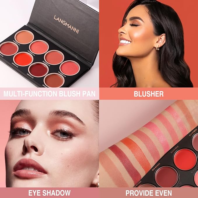 8 Colors Blush Palette, 4 Dry Powders + 4 4 Blush Creams, Contour and Highlight Blush Palette for Cheek and Eye Makeup Long-Lasting Pigment Lightweight Professional Blush Palette(1, pink, Large)