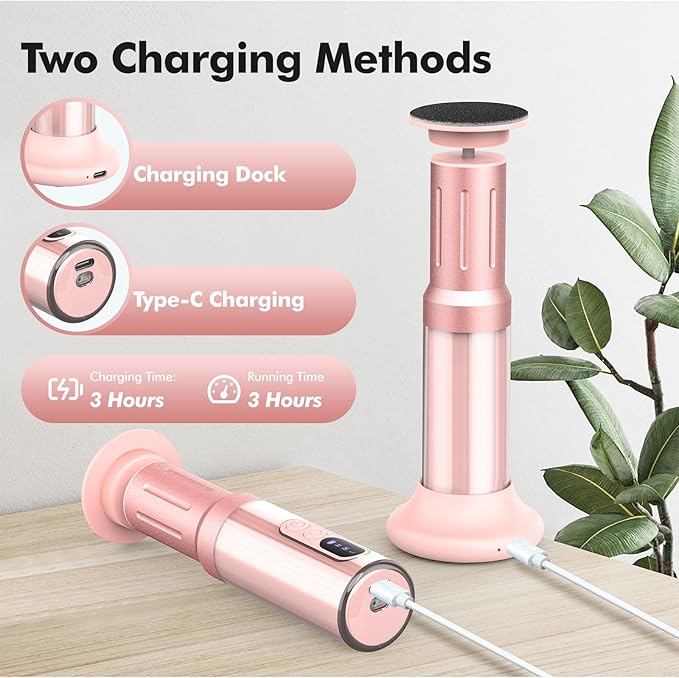 Electric Foot Callus Remover Cordless Electric Foot Filer Kit with 6Speeds Chagring Dock Callus Remover for Women Feet and Nail (Pink)