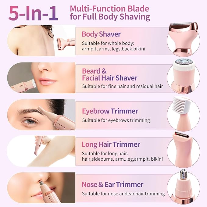 Electric Razors for Women, 5 in 1 Painless Ladies Wet & Dry Body Razors and Facial Hair Remover, Rechargeble Facial and Body Hair Remover for Face Nose Eyebrow Arms Armpit Legs Pubic Area (Pink)