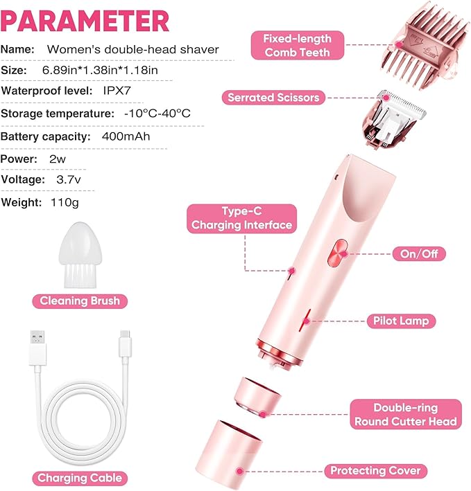 Bikini Trimmer for Women, Electric Razor & Shaver with Dual Ceramic Blades, Painless Hair Removal for Face, Body & Intimate Areas, 90min Cordless Runtime, Waterproof Travel Grooming Kit
